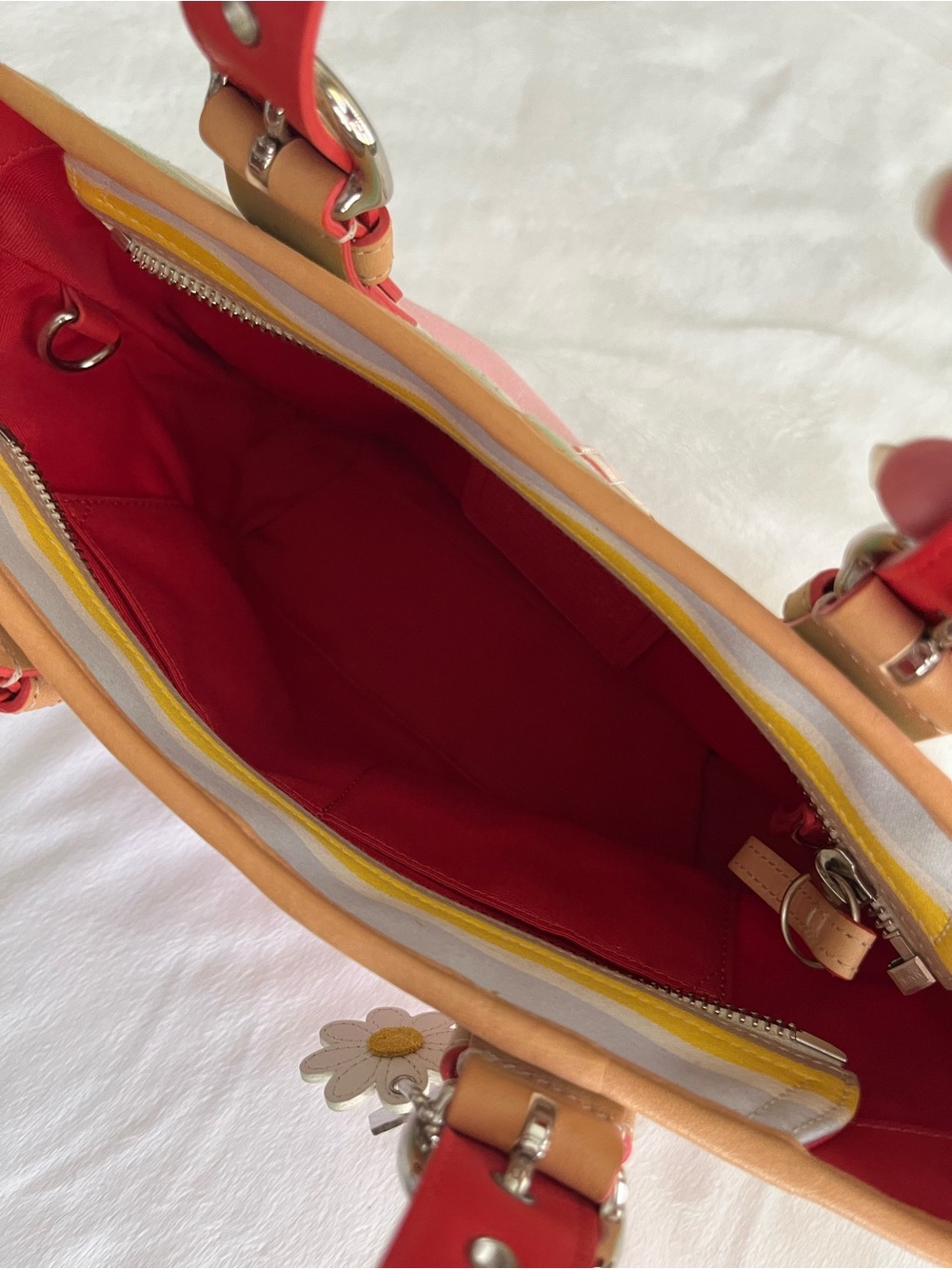 Coach Striped Canvas Tote in Pink, Red, Yellow & Tan with Daisy Charm - Picture 5 of 6